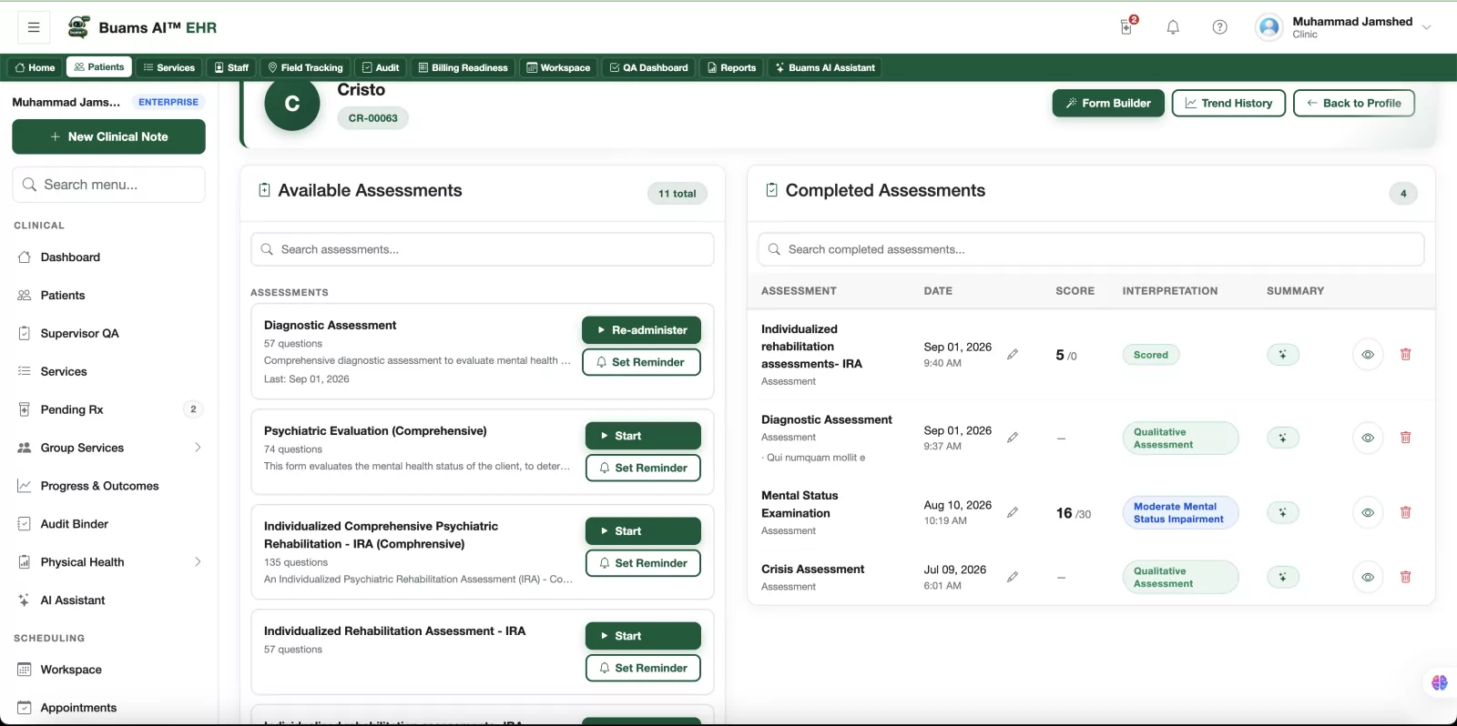 Assessments on a client chart in Buams AI: available instruments including a diagnostic assessment and an Individualized Rehabilitation Assessment, and completed assessments listed with date, score and interpretation.