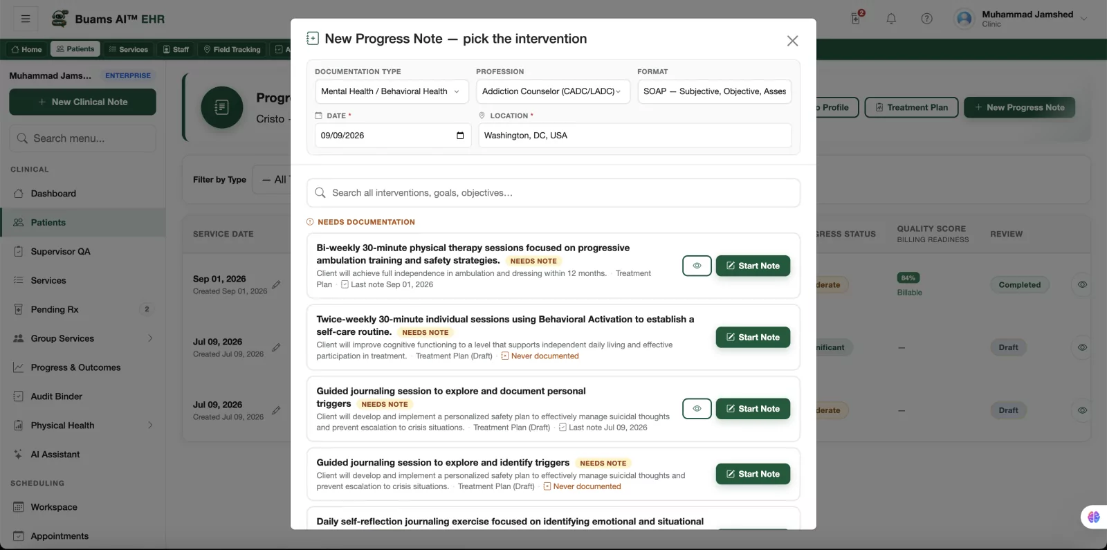 Starting a progress note in Buams AI: documentation type, profession and note format are chosen first, then a list of treatment plan interventions, each flagged where it still needs documentation, with a start-note action per intervention.