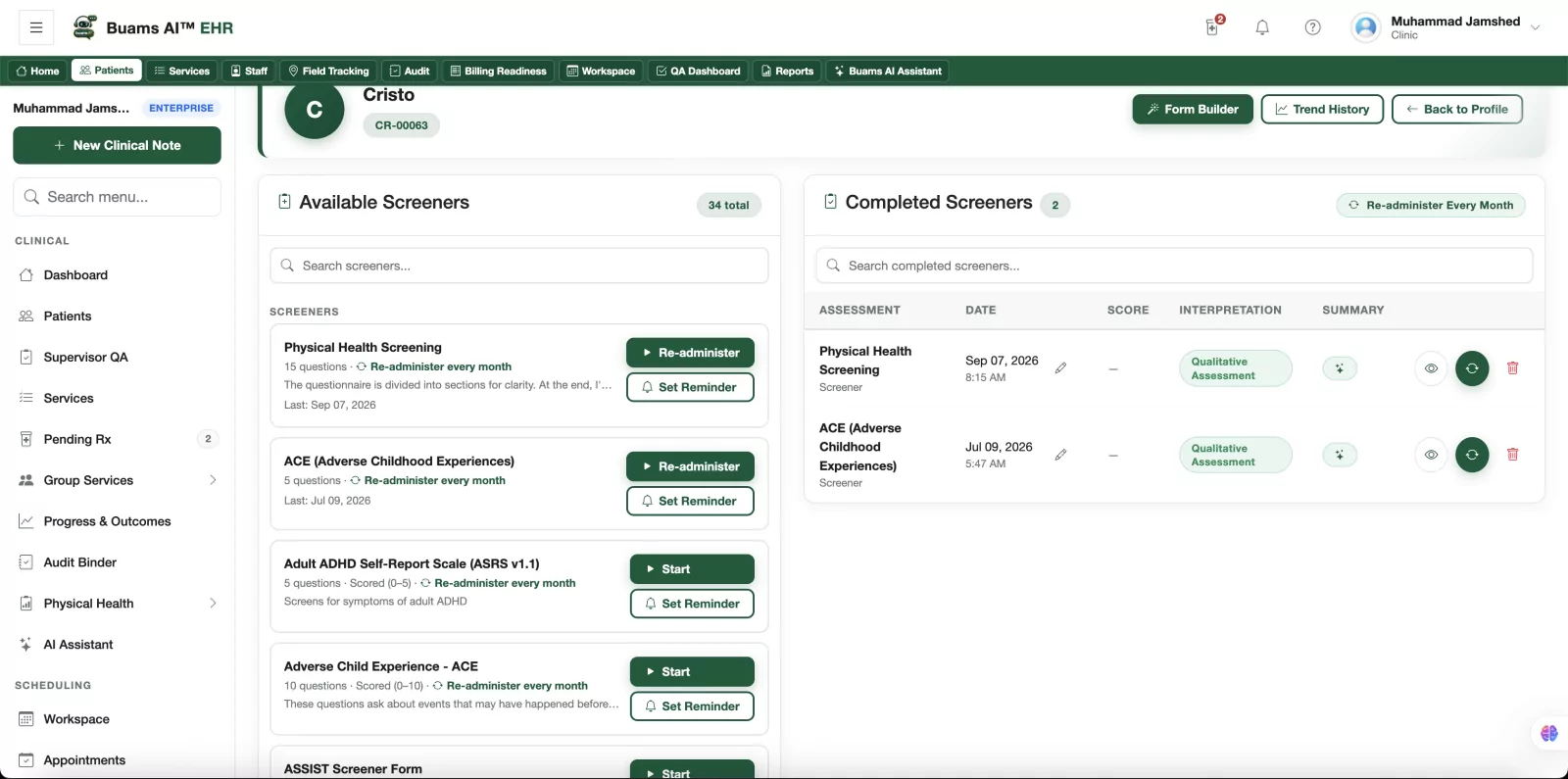 Screeners on a client chart in Buams AI: a searchable library of validated screeners with re-administer and reminder actions, alongside completed screeners listed with their date, score and interpretation.